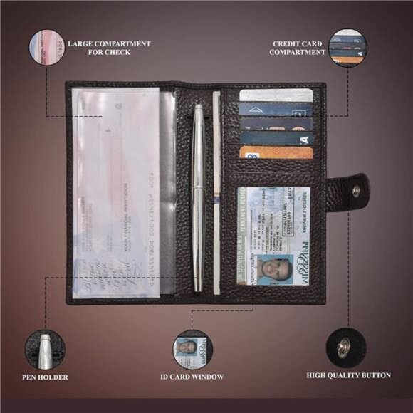 RFID Leather Checkbook Covers 6 Credit Card & 1 ID Slot and Pen Holder - Picture 2 of 7